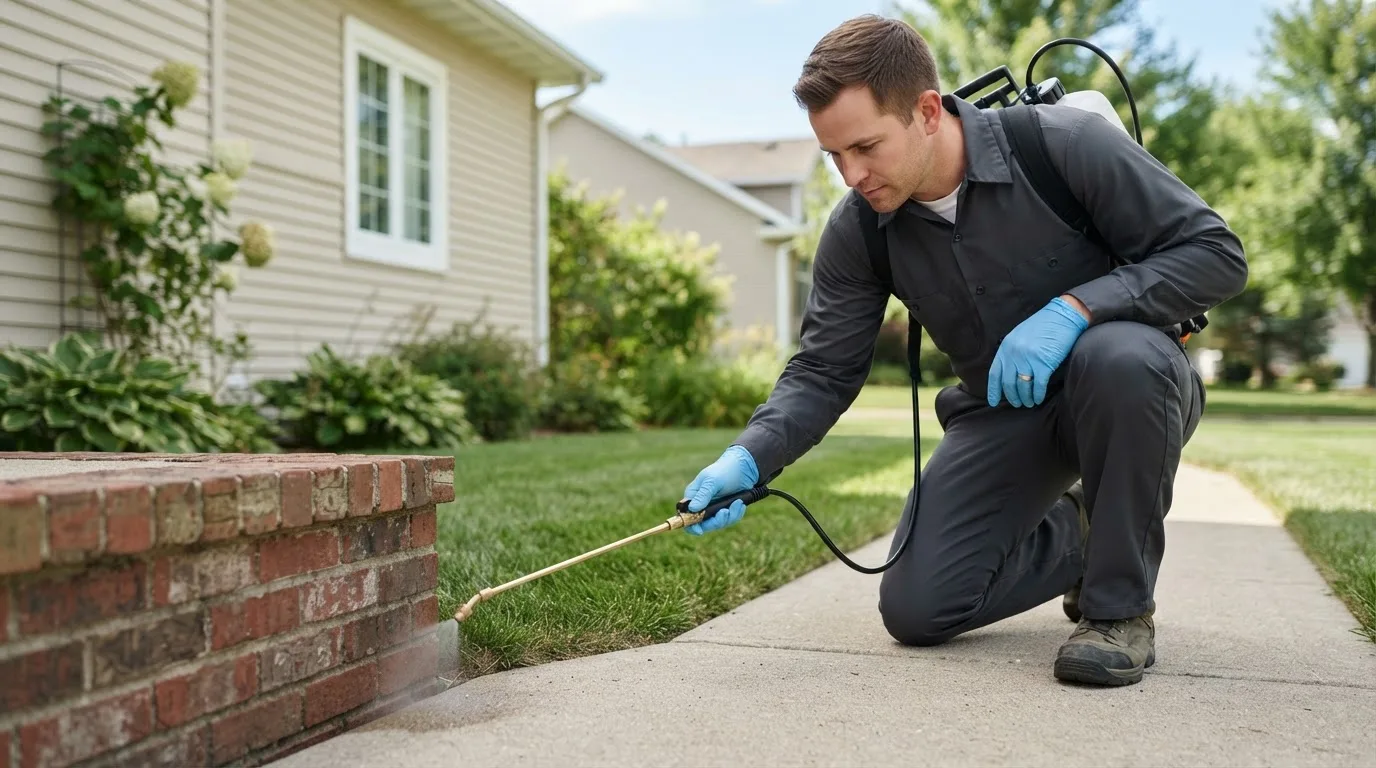 Pest control technician treating a home near Horton, MI
